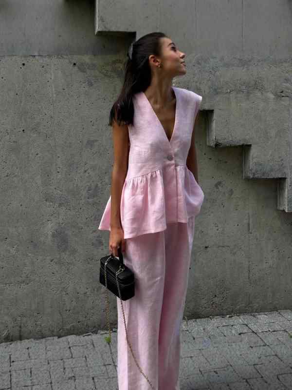 Three-Piece Set - セットアップ レディース Vネック ノースリーブ ベスト ロングパンツ 無地 きれいめ 通勤 2点セット 綿 ポリエステル 2025 春 ボタン ブラック グレー ピンク