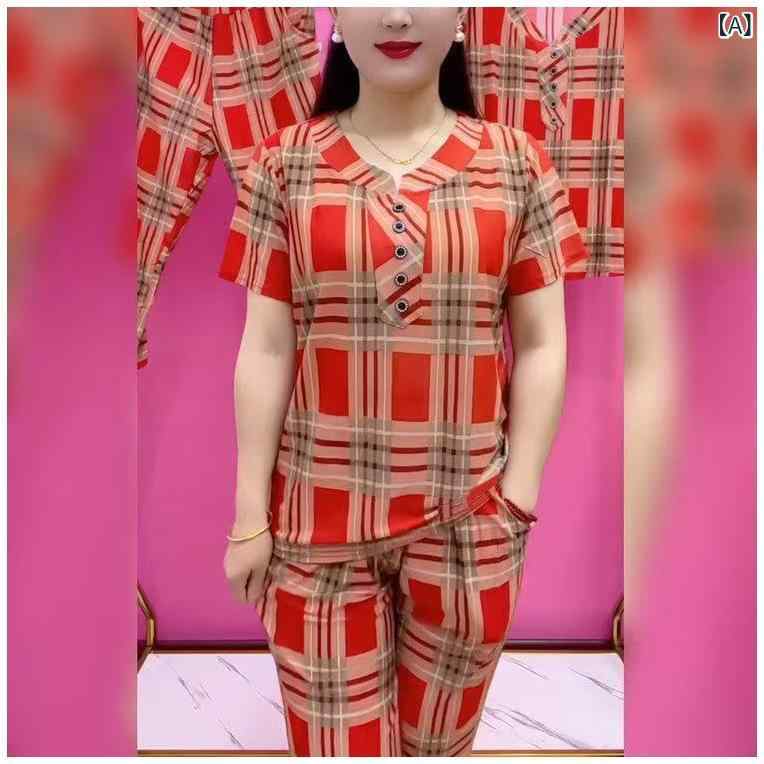 レディース セットアップ ママ服 夏物 2点セット 半袖 Tシャツ ブラウス ラウンドネック 40代 チェック柄 ゆったり 着痩せ