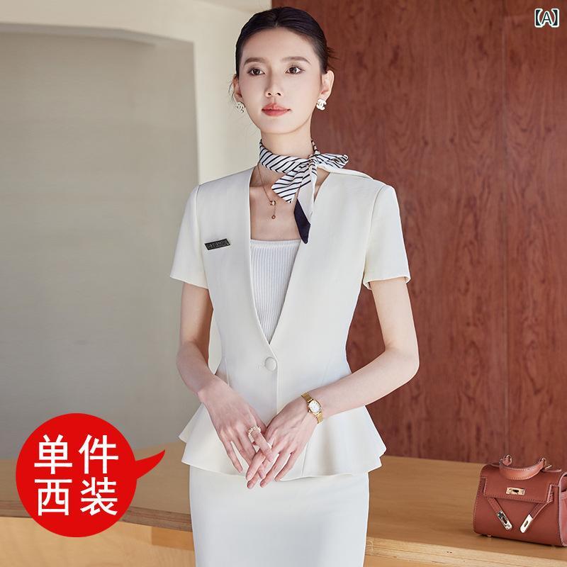 Suits For Job Interviews - スーツ レディース ビジネススーツ セットアップ 夏 半袖 薄手 高級感 ホテル フロント エステサロン ユニフォーム 白 黒 ネイビー