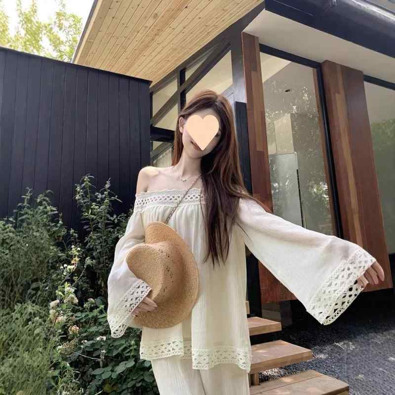 3件套 - レディース セットアップ フェミニン 透かし編み オフショルダー 長袖 トップス 夏服 ゆったり カジュアル ワイドパンツ