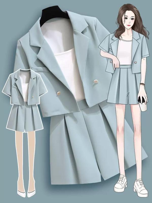 レディース 2点セット OL セットアップ 半袖トップス ショートパンツ 夏 通勤 オフィス ビジネス 五分袖 ポリエステル 高級感 小柄向け 韓国 エレガント エレガント 青 杏粉
