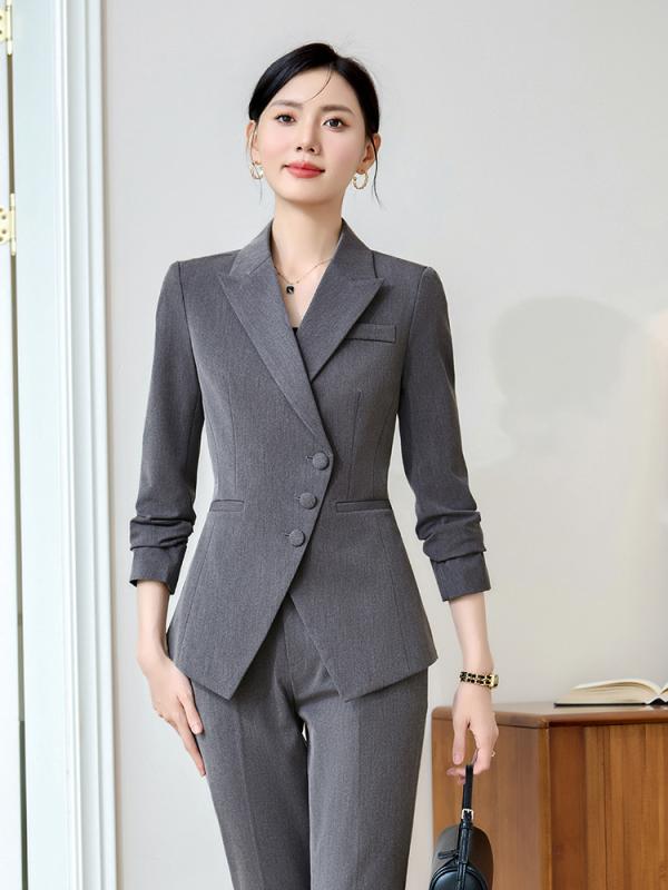 スーツ セット レディース 秋冬 高級感 エレガント フォーマル 仕事服 ホテル 受付 営業 長袖 ロングパンツ スカート ポリエステル ストレッチ ブラック グレー ネイビー