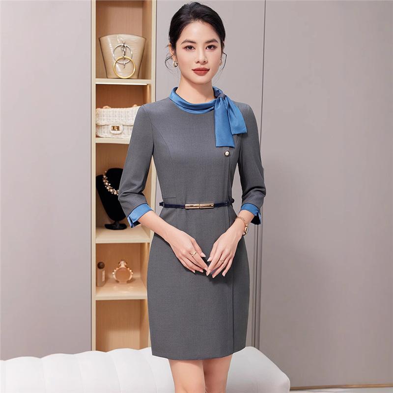 西裤西服 - ワンピース レディース 秋 制服 受付 美容師 接客 高級感 ポリエステル スパンデックス 伸縮性 七分袖 グレー ネイビー エレガント