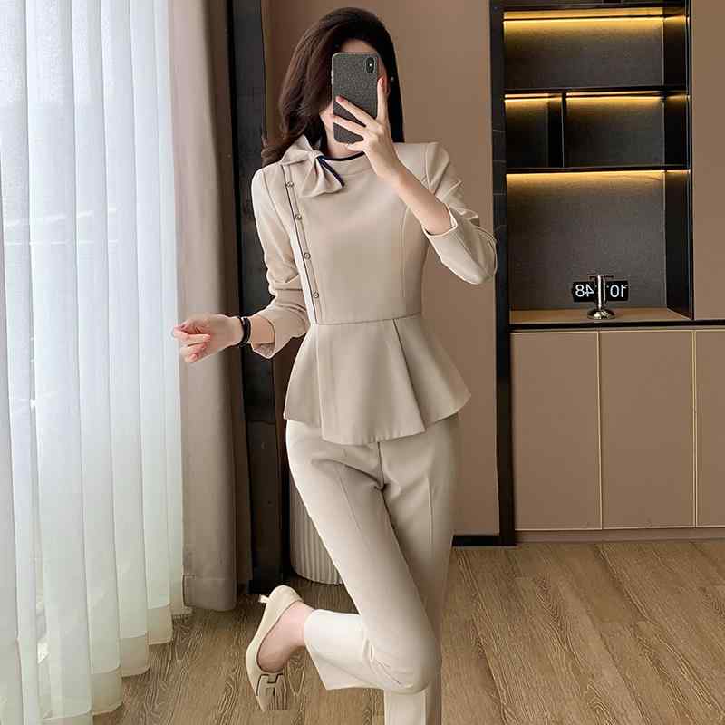 Suits For Job Interviews - レディース テーラードスーツ セットアップ 長袖 9分丈パンツ 高級感 ポリエステル 伸縮性 秋 ベージュ ブルー ブラック ビジネス ホテル前台 美容院 制服