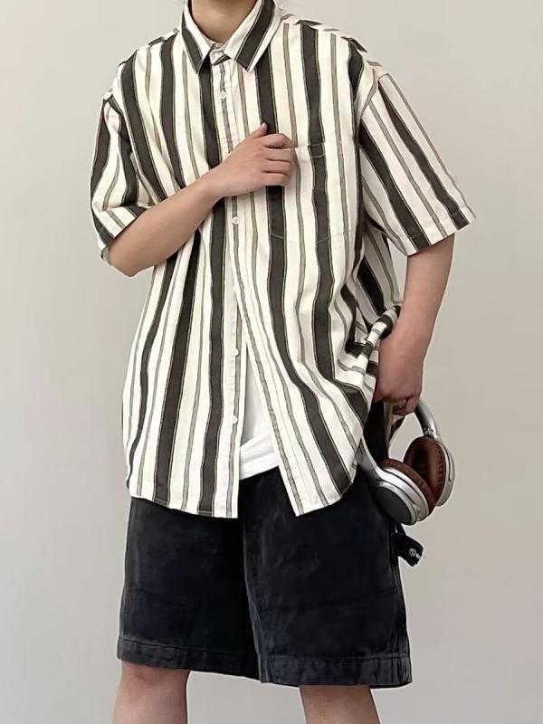 シャツ メンズ 開襟 半袖 ストライプ柄 ゆったり ゆったり オーバーサイズ ルーズ カジュアル 普段使い レジャー ストリート 夏 ポリエステル ノンアイロン
