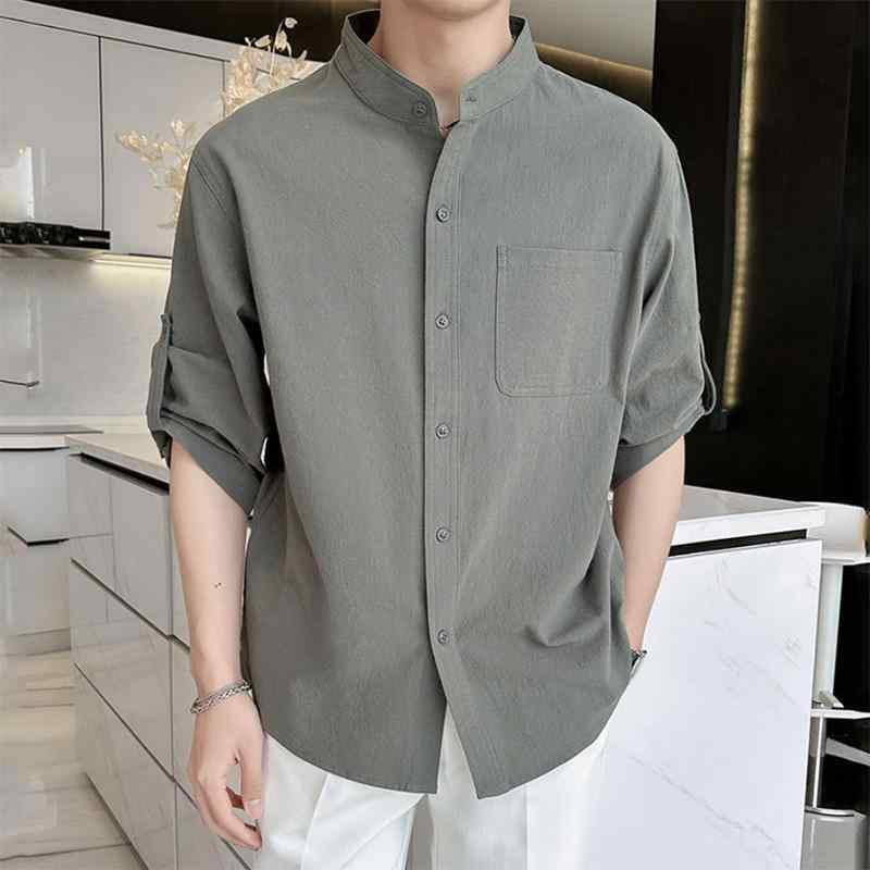 Long-Sleeve （Shape Holding） - シャツ メンズ スタンドカラー ヘンリーネック 七分袖 綿麻 中国風 カジュアル 夏 無地 ゆったり 薄手 ポケット ノンアイロン 大きいサイズ 黒 軍緑 白 普段使い