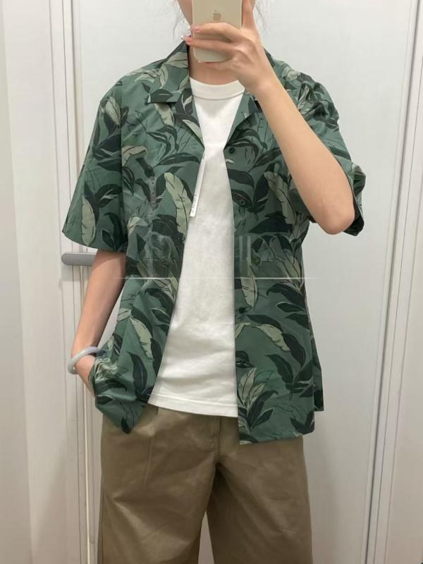 Rakuten - シャツ メンズ レディース モダール混紡 小花柄 開襟 半袖 夏 カジュアル 普段使い ブラック ネイビー ベージュ スリムフィット ベーシック