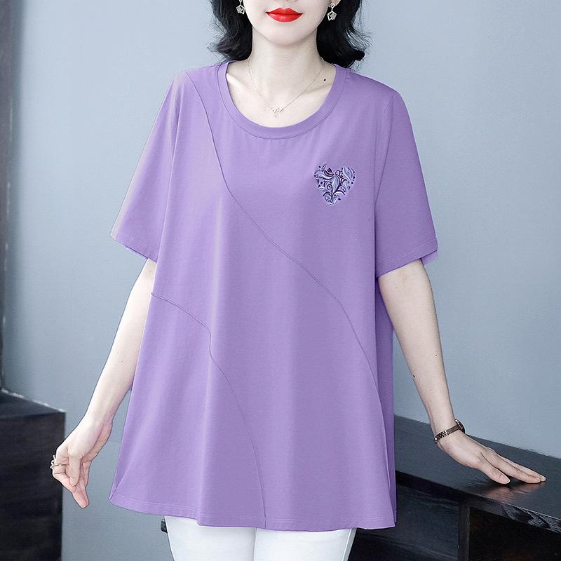 Rakuten - Tシャツ レディース 丸首 ピーターパンカラー ストライプ 大きめサイズ ぽっちゃりママ ゆったり ルーズ 中厚 綿混 カジュアル 普段使い 夏 ブラック ワインレッド