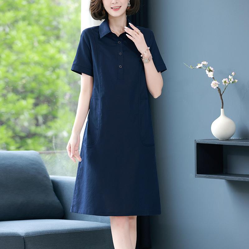 樂天商城 - ワンピース レディース 綿麻 夏 Aライン ミディ丈 半袖 POLO領 ルーズウエスト 無地 レトロ エレガント カジュアル ストレート スリム 高級感 オレンジ カーキ ネイビー ママ
