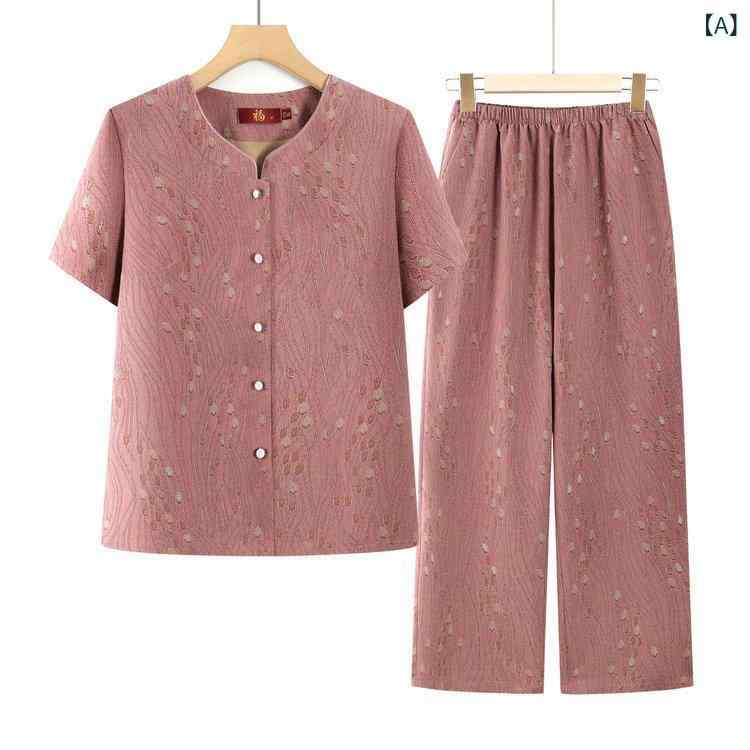 Tシャツ レディース ミセス 夏 半袖 二件セット 薄手 ゆったり 花柄 シフォン ボタン クロップドパンツ 赤 緑 青 カジュアル 普段使い
