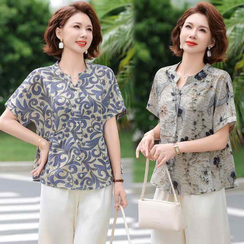 Rakuten - Tシャツ レディース 夏 半袖 動物柄 花柄 鹿柄 立体柄 ポリエステル 薄手 前開き クロップドパンツ セット ベージュ ブラック ミドル カジュアル 普段使い