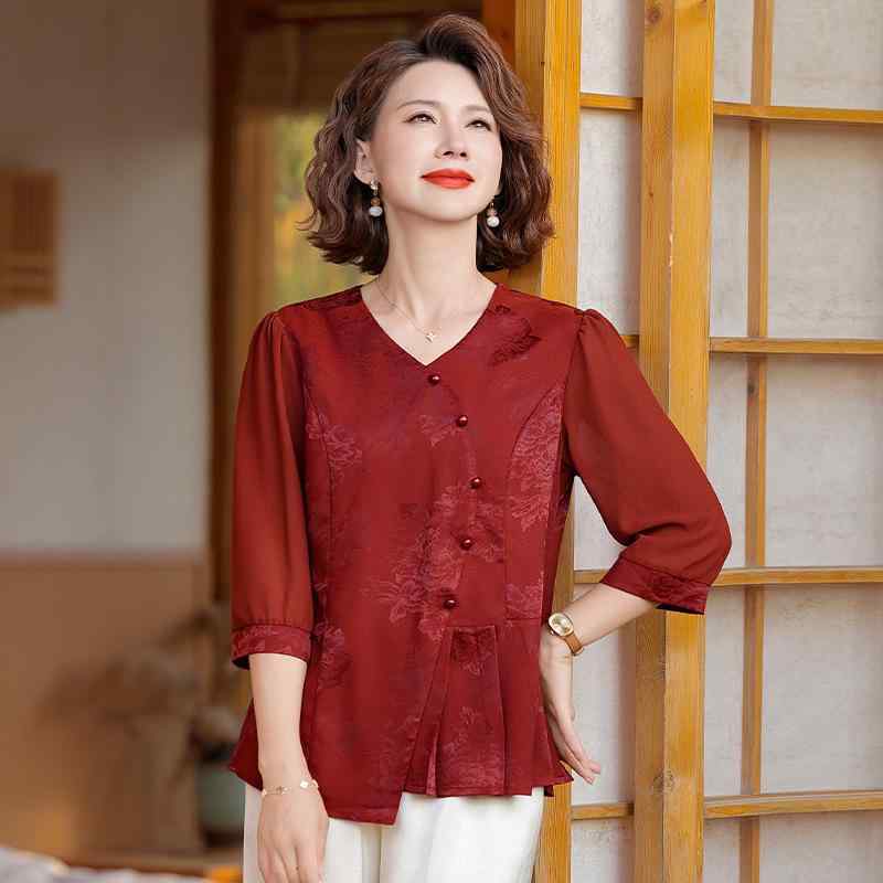 乐天商城 - Tシャツ レディース ミセス 夏 七分袖 小花柄 ポリエステル ストレッチ 薄手 ゆったり 大きめ 赤 紫 カジュアル 普段使い ストリート トップス