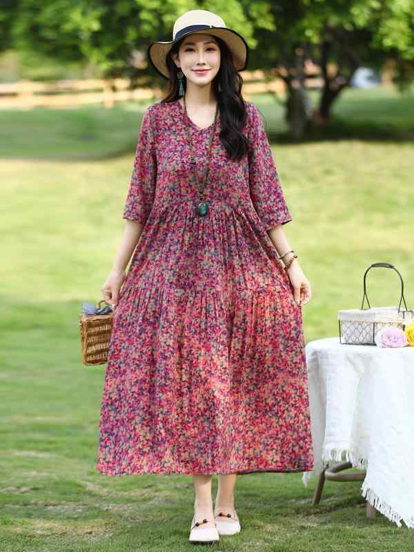 樂天商城 - ワンピース ママ 夏 コットン 中袖 薄手 小花柄 フレア ミドル丈 丸首 ゆったり 高級感 エレガント 通勤 カジュアル ビーチ ピンク 緑 青