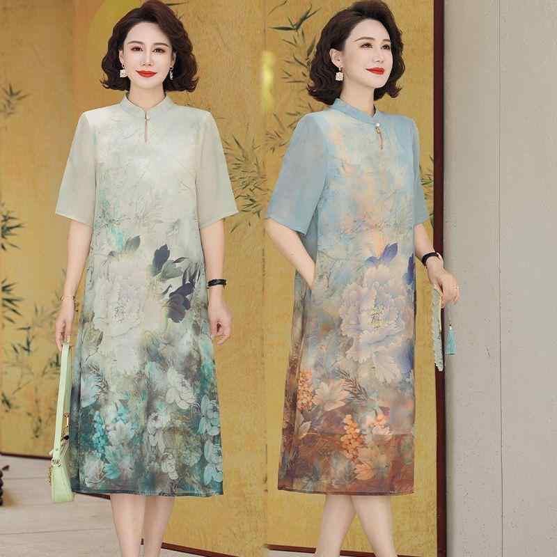 樂天商城 - チャイナドレス レディース 夏 Aライン ワンピース 中長丈 半袖 丸襟 ポリエステル 中国風 レトロ ブルー グリーン ベージュ