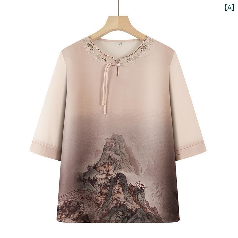 シニア レディース Tシャツ ブラウス セットアップ 夏 中国風 ゆったり 薄手 ポリエステル プルオーバー 普通丈 9分丈パンツ ベージュ ブラック カジュアル エレガント ykc8-10167027 YKC8 サンプル画像2