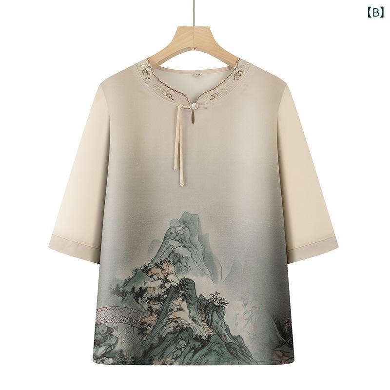 シニア レディース Tシャツ ブラウス セットアップ 夏 中国風 ゆったり 薄手 ポリエステル プルオーバー 普通丈 9分丈パンツ ベージュ ブラック カジュアル エレガント ykc8-10167027 YKC8 サンプル画像3