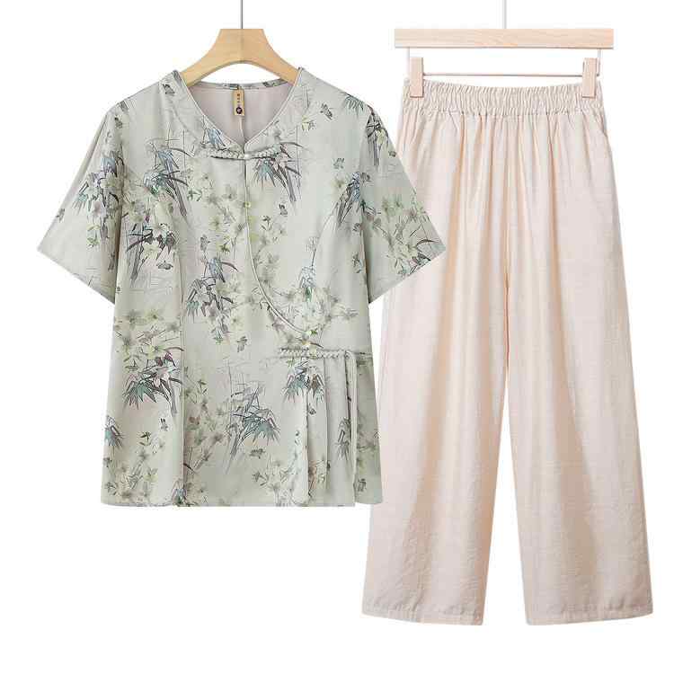 Tシャツ レディース シニア 半袖 ブラウス 2点セット 夏 部屋着 カジュアル 花柄 ボタン ポリエステル 薄手 ゆったり 緑 紫 ykc8-10167156 YKC8 パッケージ画像
