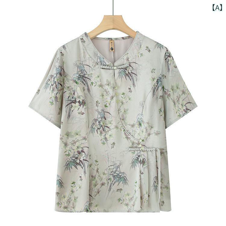 Tシャツ レディース シニア 半袖 ブラウス 2点セット 夏 部屋着 カジュアル 花柄 ボタン ポリエステル 薄手 ゆったり 緑 紫 ykc8-10167156 YKC8 サンプル画像2