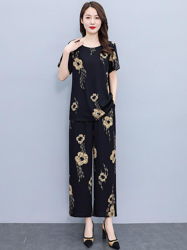 樂天商城 - レディース シニア トップス クロップドパンツ セット 夏 コットン ゆったり 大きいサイズ オーバーサイズ 花柄 ポケット 七分袖 通勤 エレガント カジュアル ポリエステル