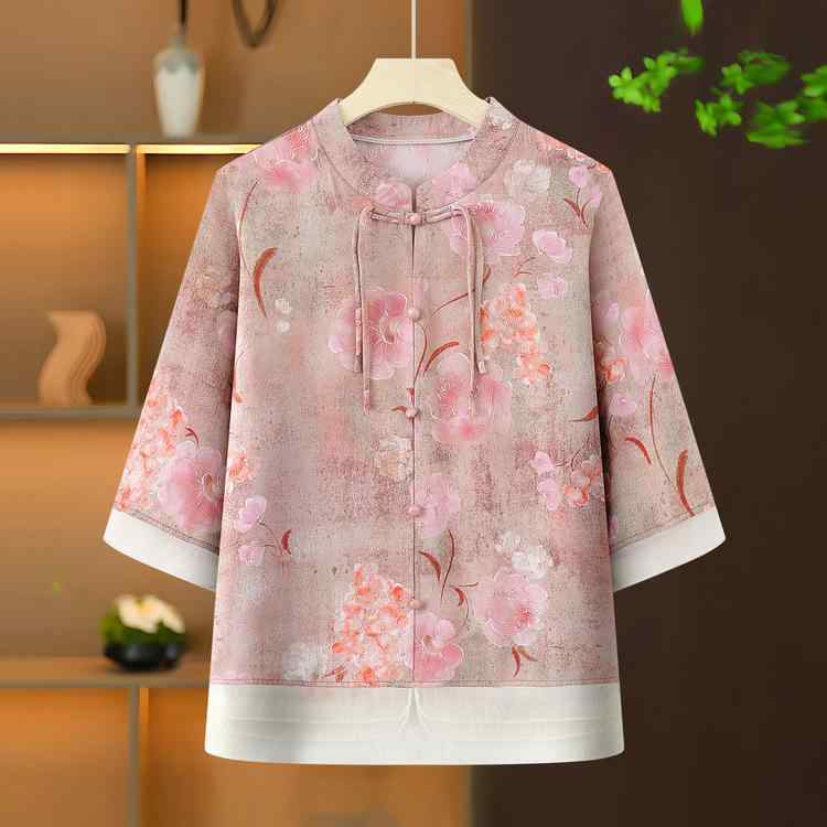 ブラウス レディース ママ服 ミセス 夏 半袖 中式 国風 上品 花柄 植物 刺繍 ルーズ ゆったり 薄手 軽量 ポリエステル ピンク ブルー グリーン 爽やか カジュアル 普段使い