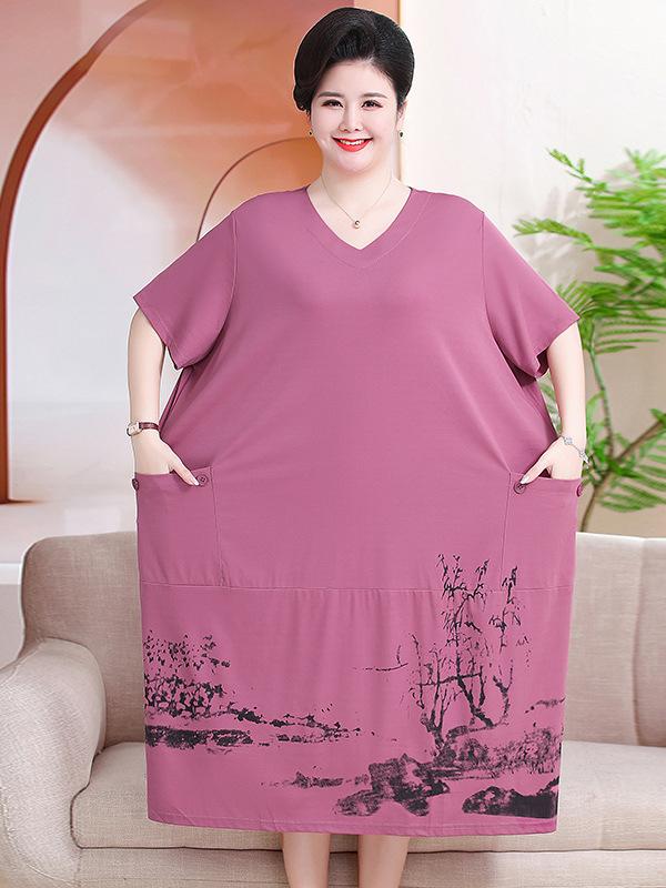 樂天商城 - ワンピース ミドル レディース 夏 大きいサイズ 半袖 Vネック Aライン 膝下丈 花柄 クラッシュ加工 ポケット ゆったり腰 ピンク 黒 ポリエステル レトロ 中国風 エレガント
