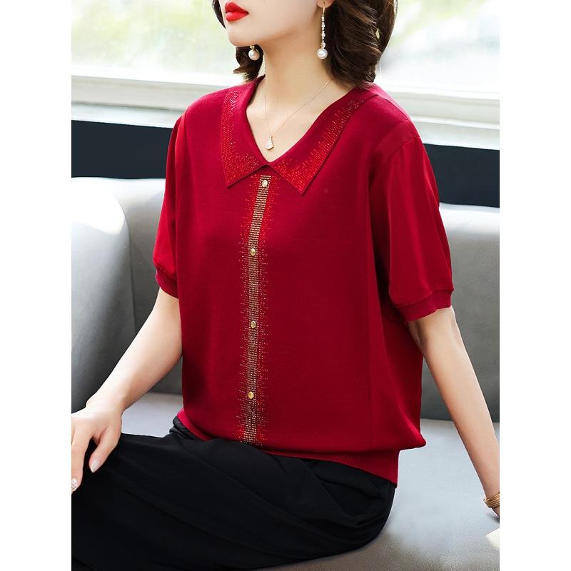 乐天商城 - 半袖 Tシャツ レディース ミドル 夏 快適 ニット 中国風 レトロ 短丈 立体柄 エレガント ワインレッド グリーン ブラック レーヨン ポリエステル 普段使い