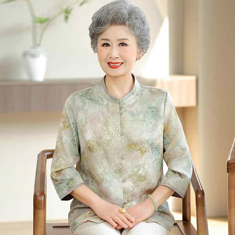 シャツ レディース シニア 夏 カジュアル ゆったり 小花柄 前開き ボタン 緑 カーキ 薄手 中国風 ルーズ オーバーサイズ 普段使い