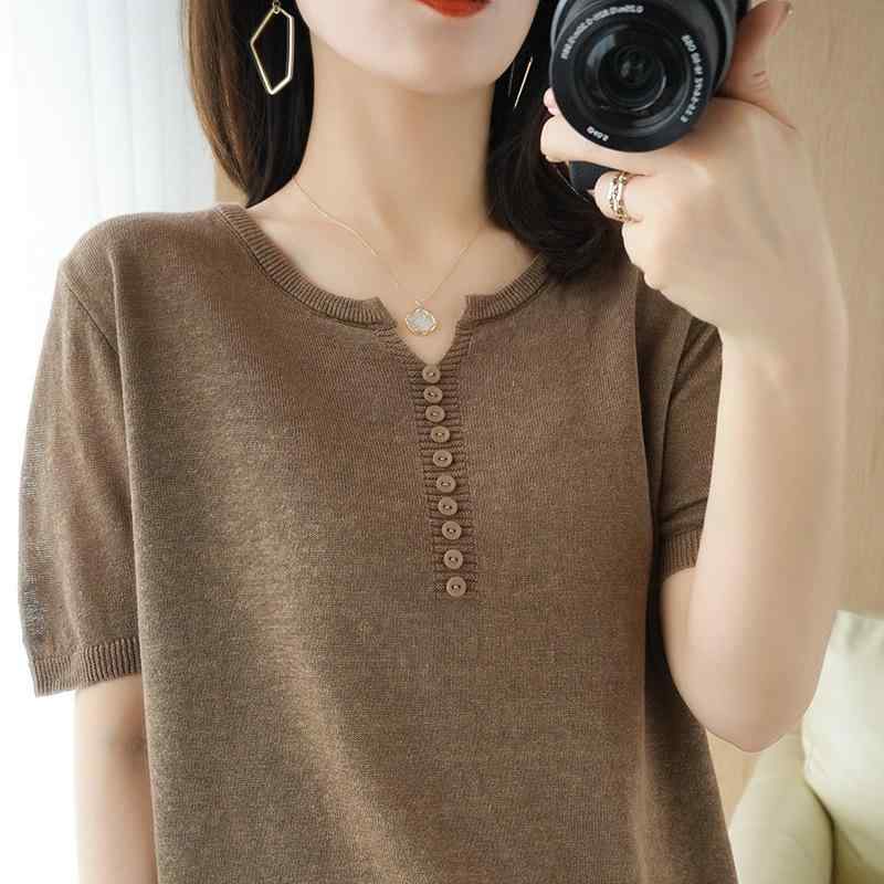 Rakuten - Tシャツ レディース 半袖 Vネック ゆったり 大きめ 快適 ボタン プルオーバー 40代 夏 通勤 カジュアル ネイビー 赤 キャメル