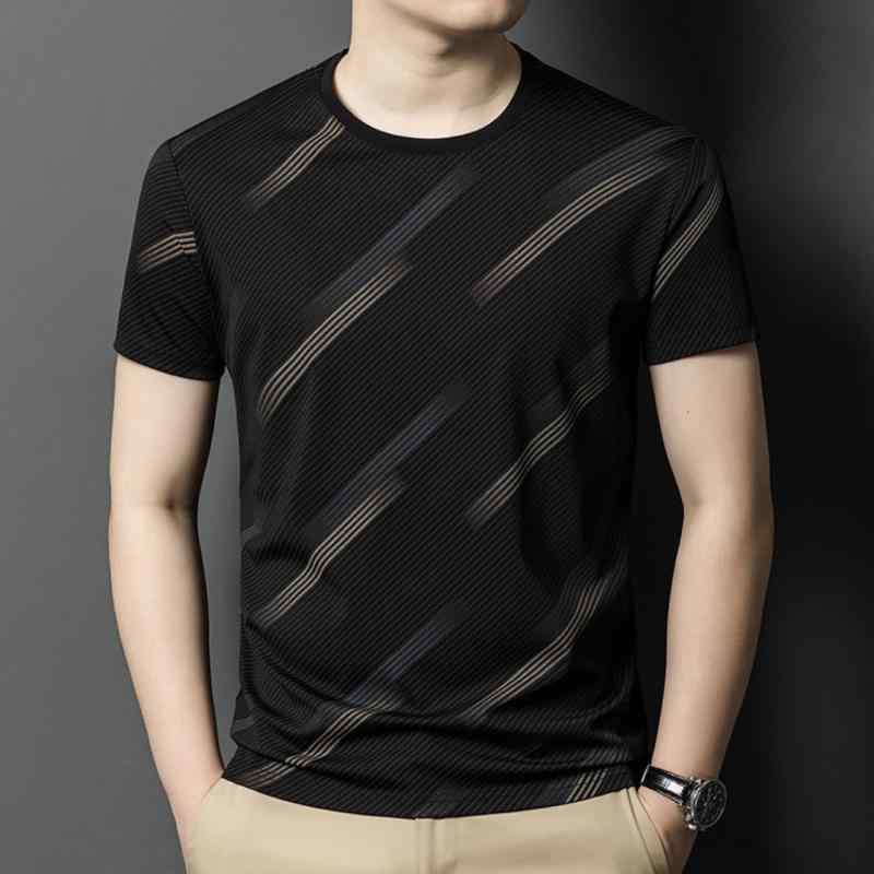 乐天商城 - Tシャツ メンズ 半袖 ストライプ柄 スリムフィット 起毛 夏 クルーネック 大人 大きめ 大きいサイズ カーキ ブラウン 黒 日常 カジュアル 普段使い