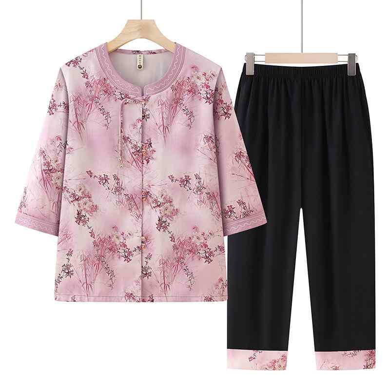 Three-Piece Set - シャツ レディース ミセス パンツ セット 夏 薄手 中国風 花柄 プリント ポリエステル ゆったり 開襟 7分丈 赤 緑 カジュアル