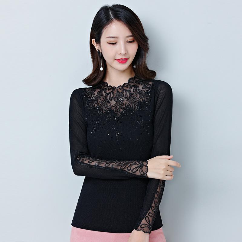 Tシャツ レディース ミセス 長袖 メッシュ インナー 刺繍 無地 レイヤード トップス プルオーバー 中厚 ブラック ワインレッド キャラメル 秋