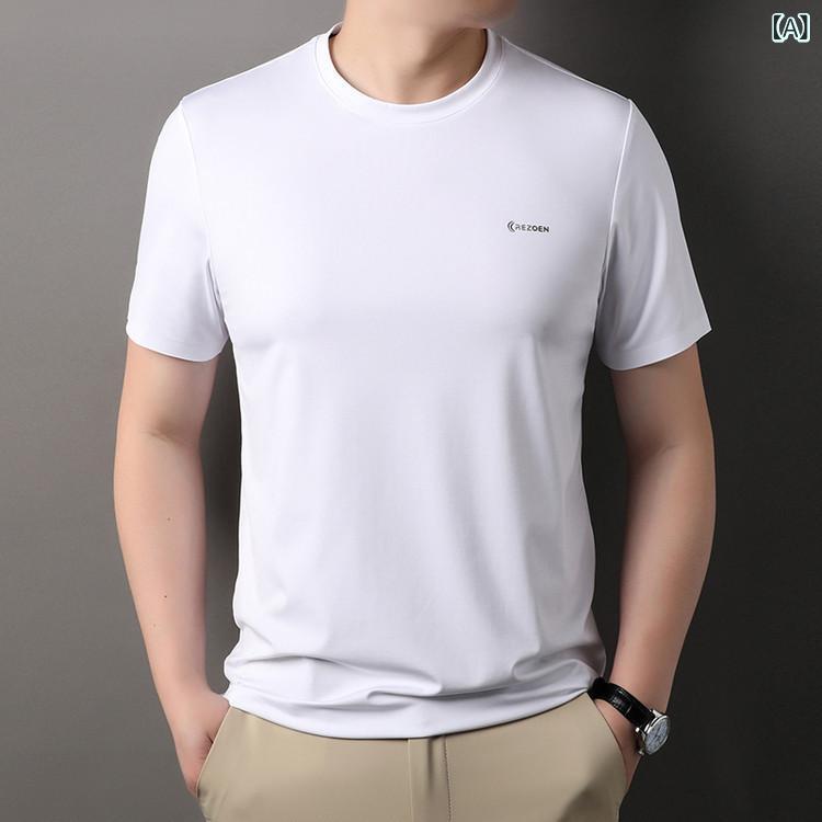 乐天商城 - Tシャツ メンズ 半袖 ゆったり 丸首 快適 通気性 薄手 軽量 夏 白 黒 紺 40代 日常 通勤 ビジネス 混 麻混 高級感 無地 耐摩耗