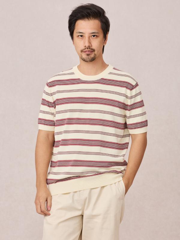 Rakuten - Tシャツ メンズ 細ストライプ クルーネック 半袖 ルーズ 高捻紡績綿 ニット コントラストカラー 夏 薄手 透気 カジュアル ビジネス 湖緑 オフホワイト