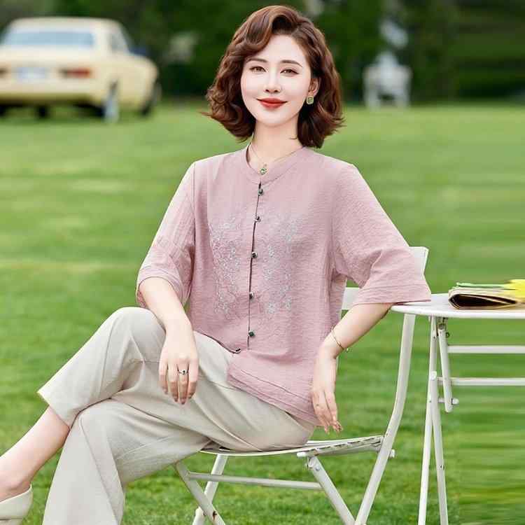 Rakuten - レディース 綿麻 ゆったり トップス 九分パンツ セット 夏 カジュアル 薄手 ポケット 大きめ ピンク 緑 コットン 麻混 オーバーサイズ