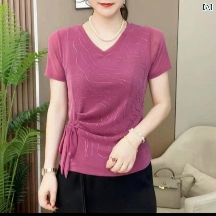 Tシャツ レディース 半袖 Vネック ルーズ ストライプ チェック ポリエステル 伸縮性 ドローストリング ラインストーン 高級感 通勤 日常 運動 春夏 ピンク オレンジ ブラック ykc8-10168735 YKC8 サンプル画像2