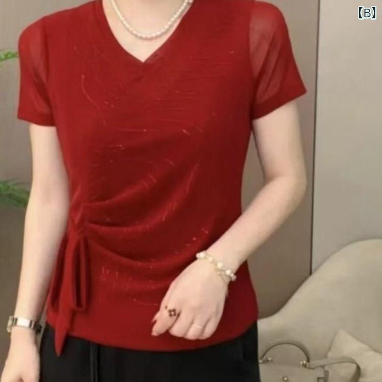 Tシャツ レディース 半袖 Vネック ルーズ ストライプ チェック ポリエステル 伸縮性 ドローストリング ラインストーン 高級感 通勤 日常 運動 春夏 ピンク オレンジ ブラック ykc8-10168735 YKC8 サンプル画像3