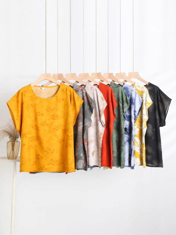 Rakuten - Tシャツ 半袖 ゆったり 提花 花柄 クルーネック 大サイズ コットン 春夏 カジュアル グリーン イエロー オレンジ ノンアイロン