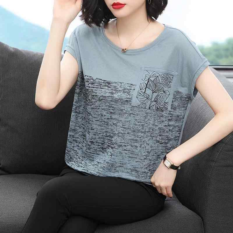 樂天商城 - Tシャツ レディース 半袖 綿 ゆったり 大きいサイズ ミドル 花柄 ポケット クルーネック ノーアイロン 通勤 デイリー 夏 ライトブルー