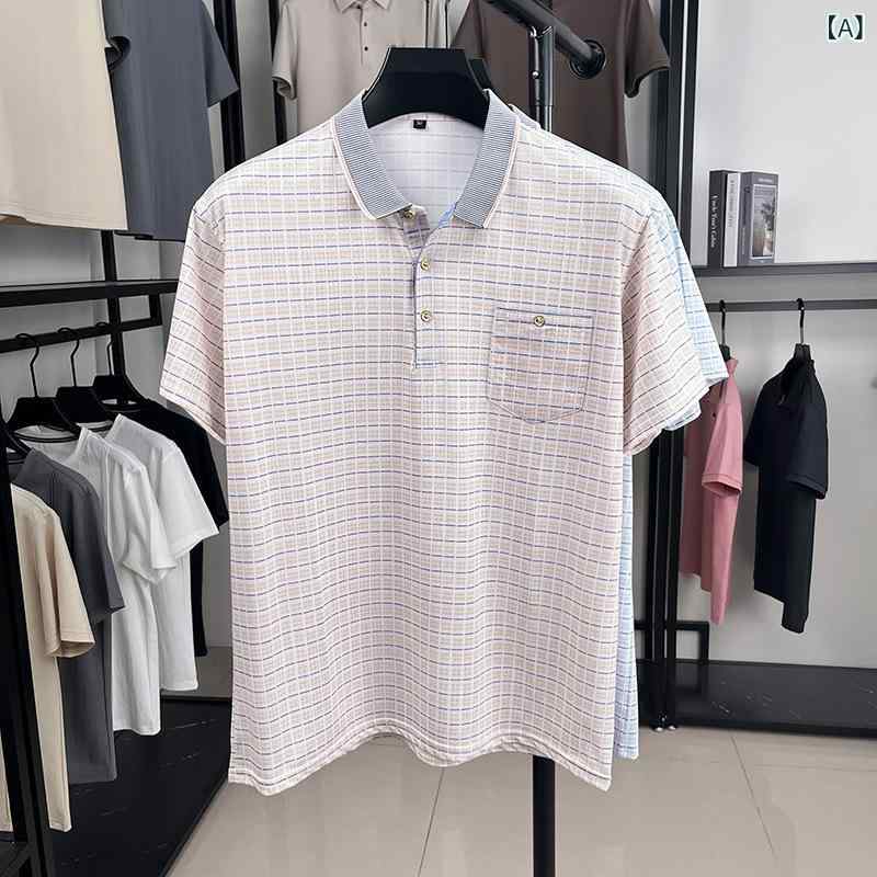 Rakuten - Tシャツ メンズ 50代 大人 ポロ襟 チェック柄 プリント ポケット 半袖 夏 ポリエステル 通気性 吸湿排汗 ライトピンク ライトブルー カジュアル 日常 ビジネス