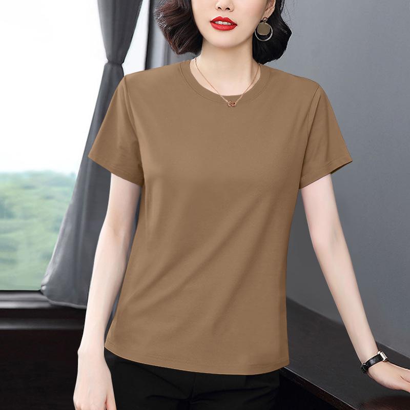 Rakuten - Tシャツ 半袖 プルオーバー レディース ミセス 大きいサイズ ゆったり 夏 通勤 おしゃれ コットン クルーネック ブラウン パープル グレー