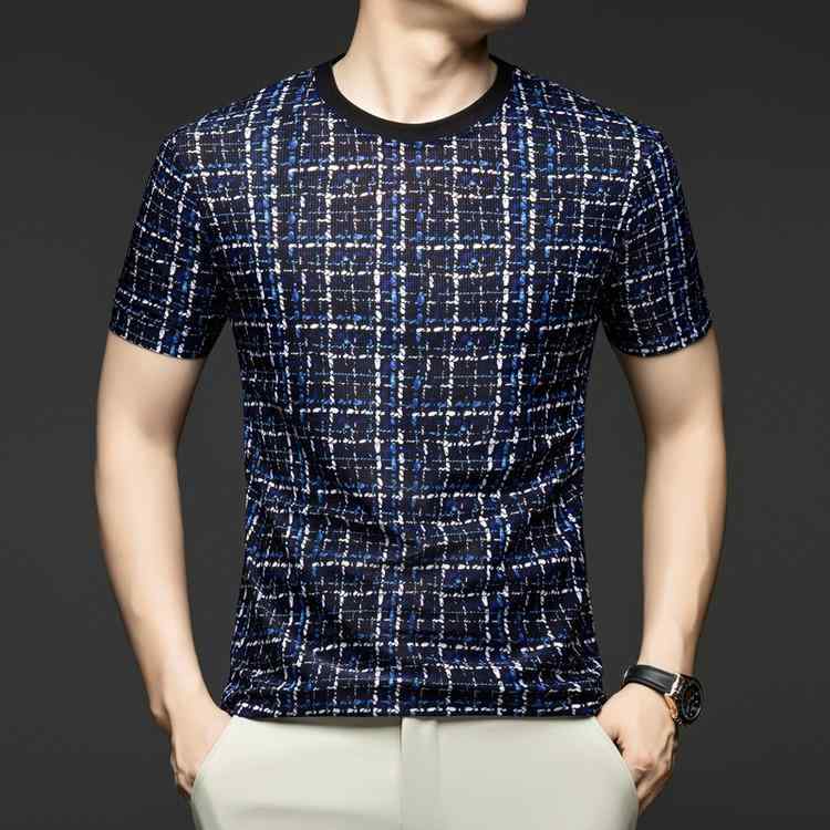 Rakuten - Tシャツ メンズ 格子柄 プリント 丸首 半袖 薄手 夏 カジュアル ポリエステル 青 ブラウン 50代 大人 合身 ベーシック 普段使い