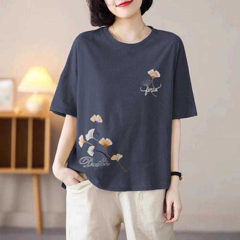 Rakuten - Tシャツ トップス レディース ミドル 中国風 半袖 ゆったり 大きいサイズ インナー プリント クルーネック ポリエステル 春 グレー キャメル 緑 カジュアル 普段使い