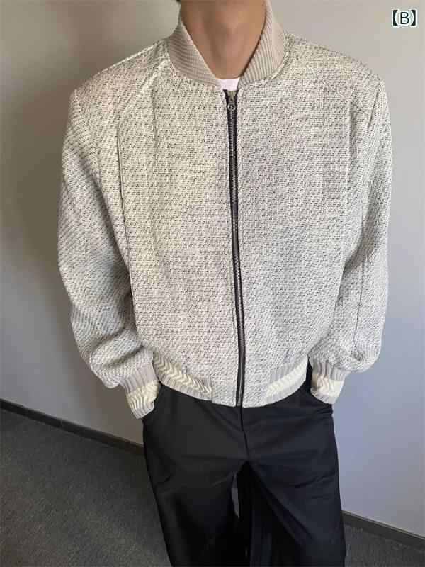 ジャケット メンズ 野球 レトロ 編み ニット ショート丈 オーバーサイズ ラペル ボタン 長袖 ポリエステル アウター カジュアル ストリート 普段使い 直裾 春秋 黒 白 3