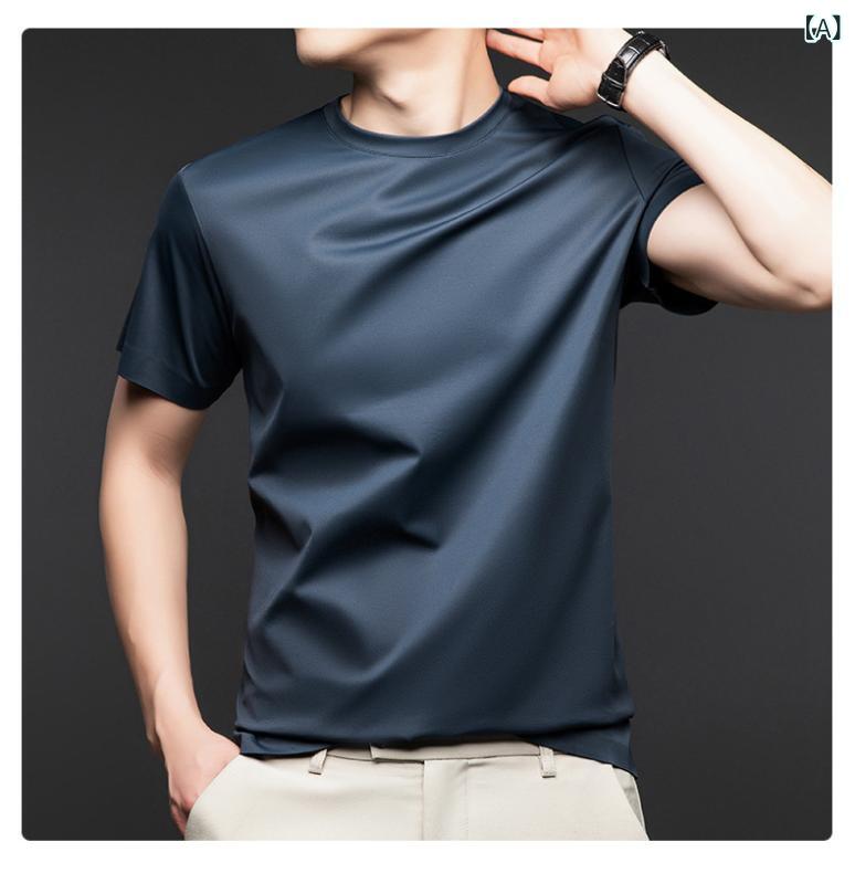 Rakuten - 绢糸 メンズ t シャツ 夏の 新型 メンズ 丸首無 痕 無熱 半袖 男性 純 色 カジュアル 薄手 t シャツ 男性
