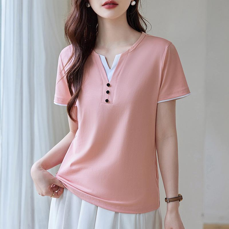 樂天商城 - 正 肩 V ネック 半袖 Tシャツ レディース 2026 年 新作 夏の 人気 商品 ゆったり フェイクツーピーストップス 中年 女性 向け Tシャツ