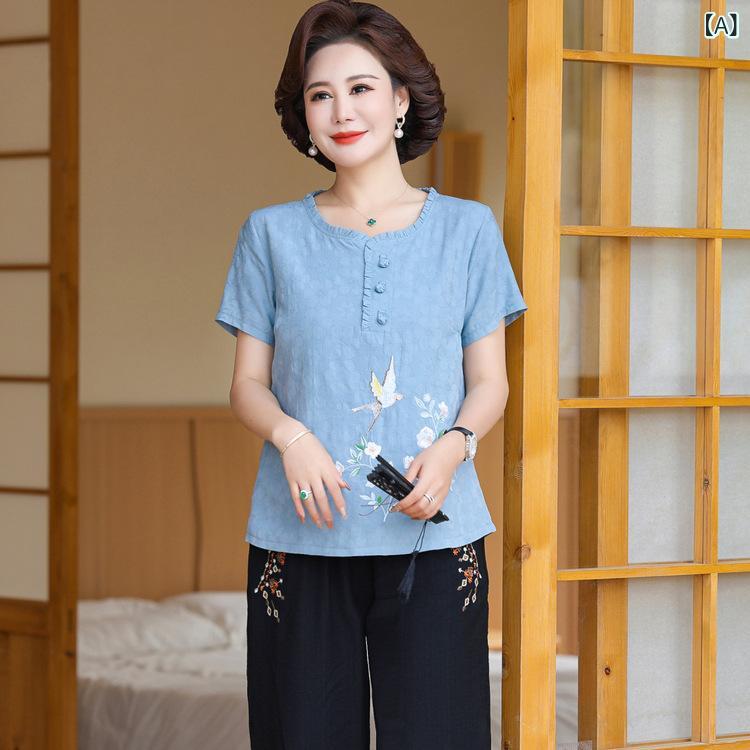 Rakuten - ママの 夏 半袖 シャツ スーツお ばあちゃん ツーピーススーツミドル Tシャツ トップスカジュアル 高齢 者 服 パンツ