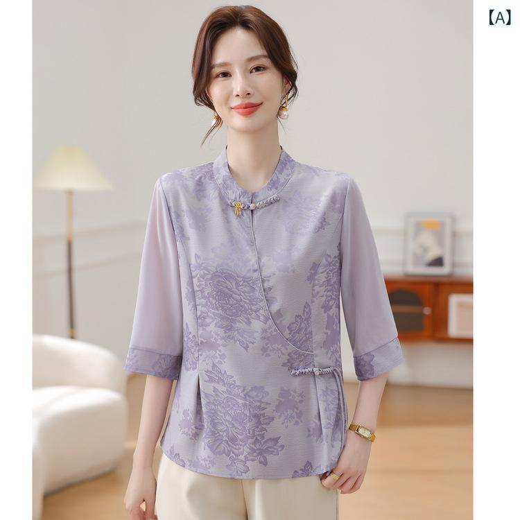 Rakuten - 新しい ママの 夏の Tシャツ、 ミドルの 女性の ための ファッショナブルな スタイル、 シンプルな 新しい 中国 風の 国民 風の 七 分 袖 トップス、 女性の シャツ