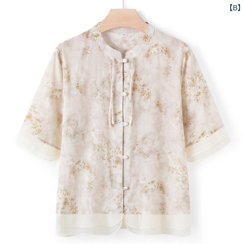 YKC8のお母さんの 夏服の 2024の 新型の スーツの 中で 老年の 婦人 服の ファッションの 国風の 小さい シャツの おばあさんの 洋風の ファッションの 2つの セット｜アングル2