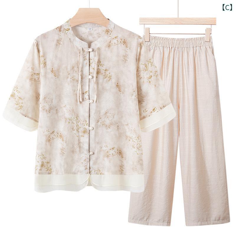 YKC8のお母さんの 夏服の 2024の 新型の スーツの 中で 老年の 婦人 服の ファッションの 国風の 小さい シャツの おばあさんの 洋風の ファッションの 2つの セット｜アングル3