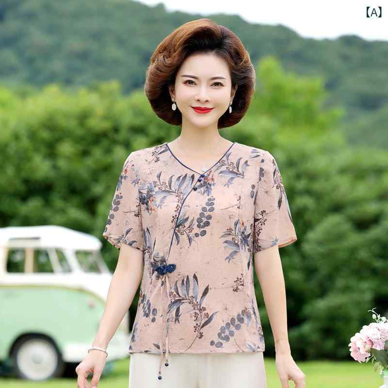 樂天商城 - お母さんの 夏服の 洋風の 半袖の t シャツの 40 歳の 50の ミドルの 女性の 気質の 上着の おばあさんの 夏の 復古 風の 小さい シャツ